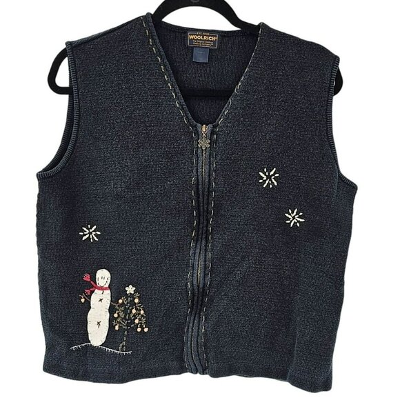 Woolrich Snowman Sweater Vest Black Christmas Appliqué Zip Snowflakes Vintage - Picture 3 of 11